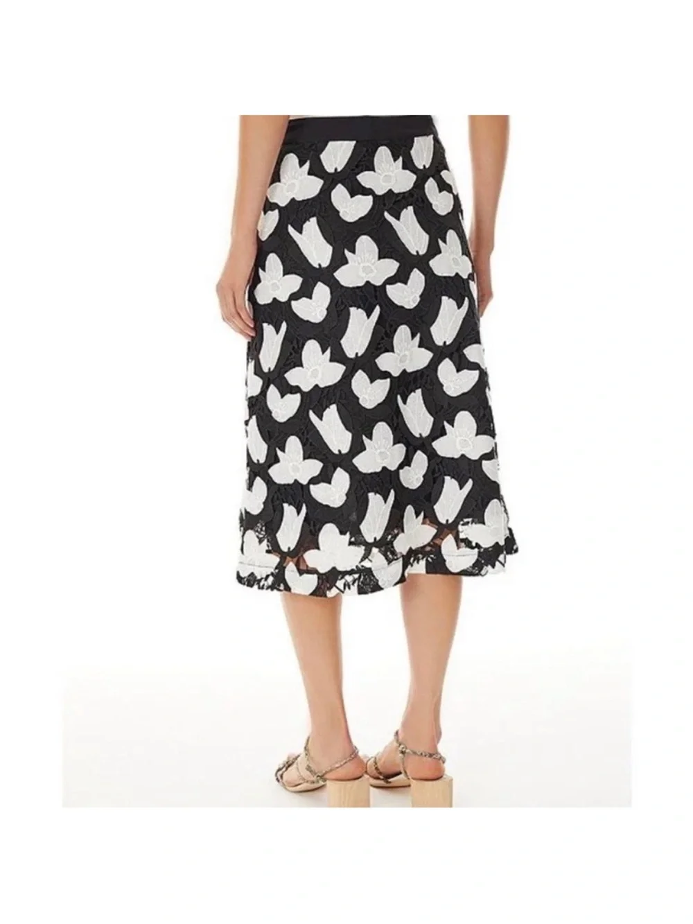 Ming Wang Black Midi Skirt with White Floral Lace Overlay • Sz Medium